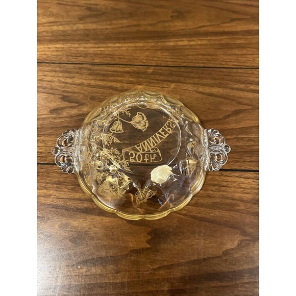 50th Anniversary Ashtray Dish 22k Gold Overlay Clear by Crystal Glass Vintage - Picture 4 of 5